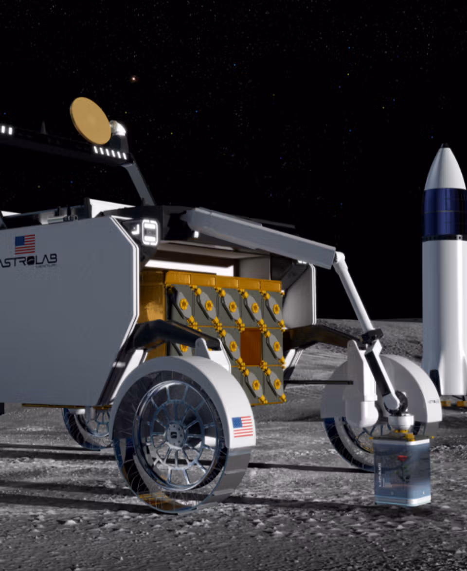 Astrolab's FLEX Rover installing Bloom on the Moon.